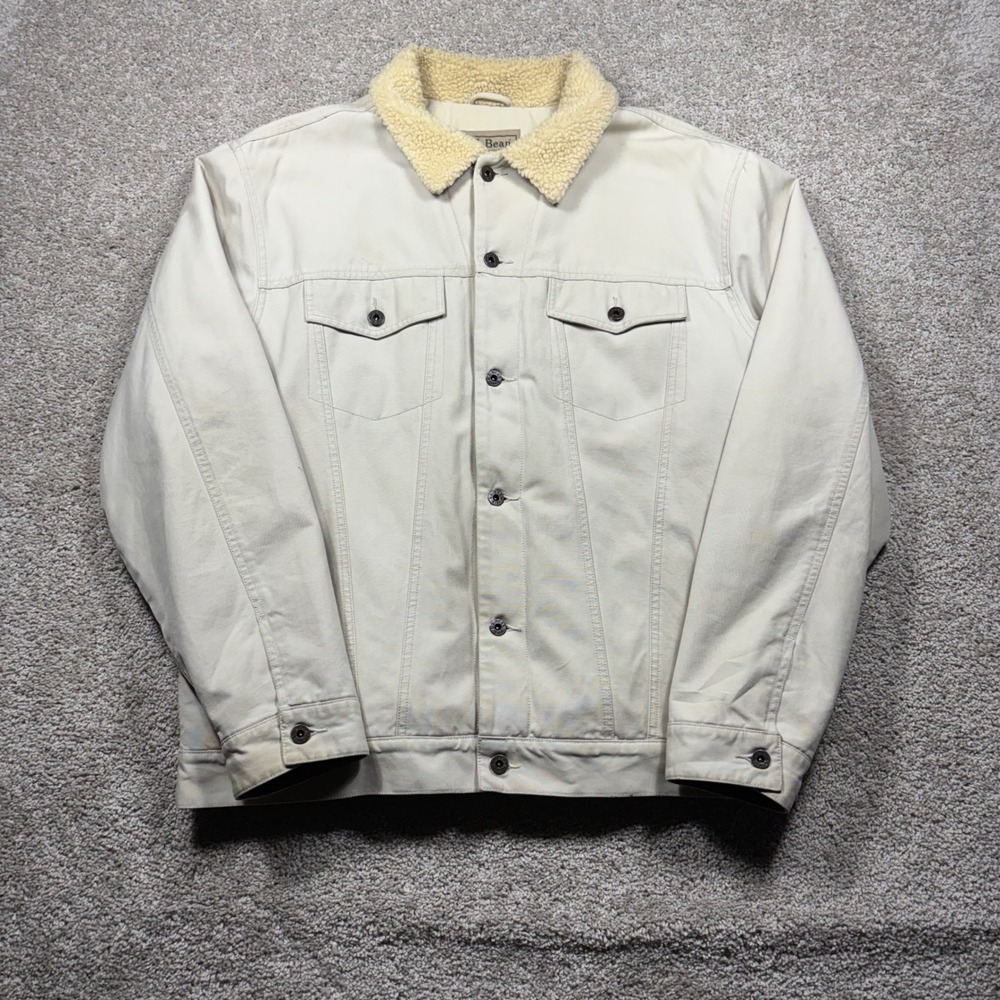 LL Bean Vintage Sherpa Lined Trucker Jacket XL Tall Beige Cotton Chore Coat